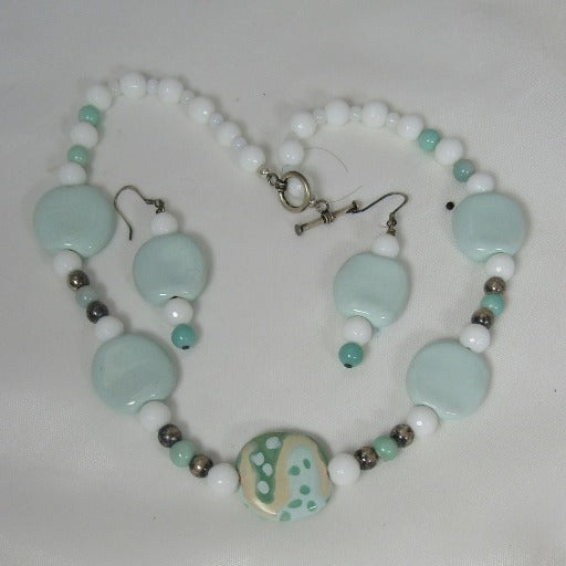 Aqua & White Necklace & Earrings in Handmade Kazuri Beads - VP's Jewelry  