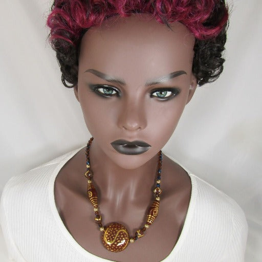 Big Brown and Gold Handmade Kazuri Fair Trade Bead Necklace - VP's Jewelry