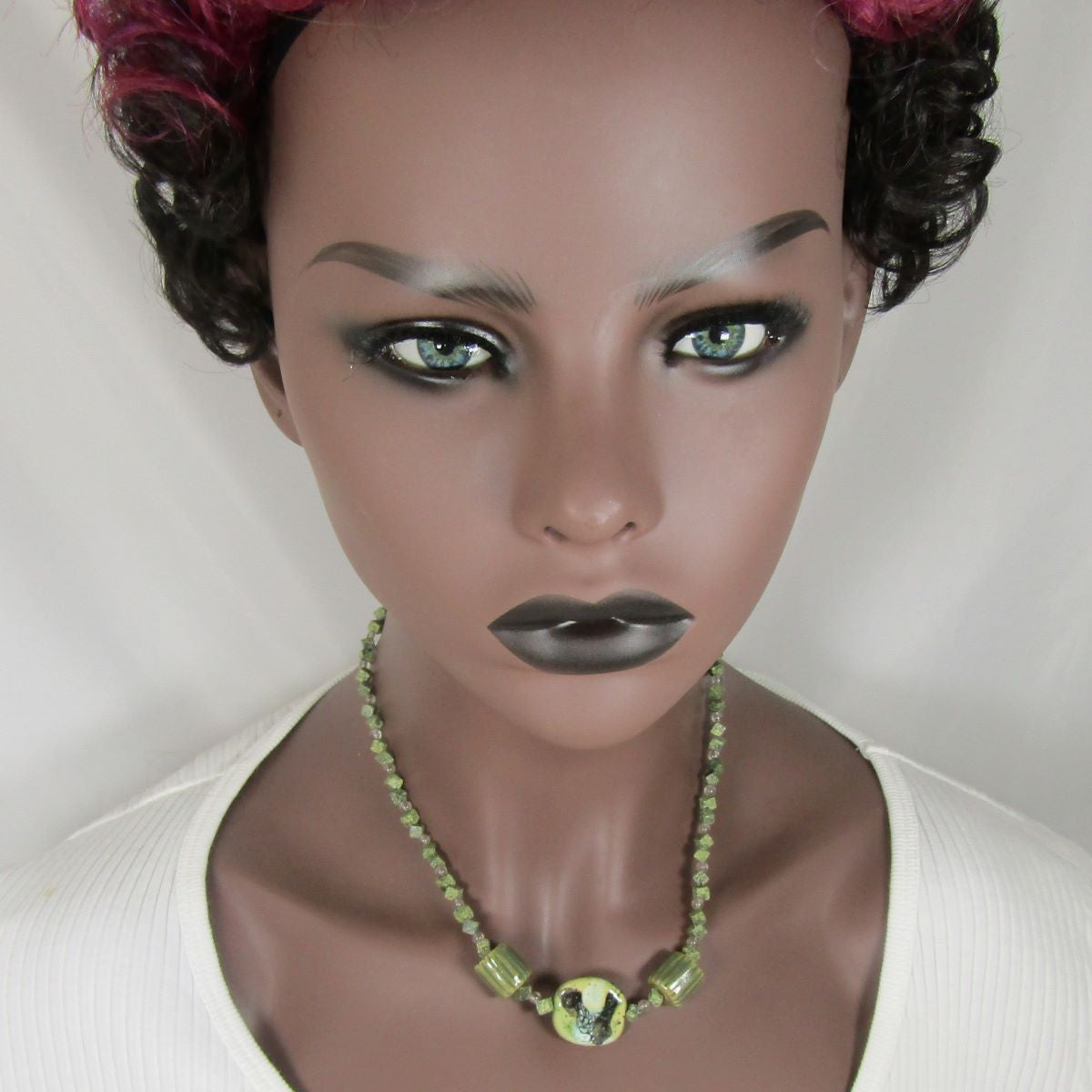 Green Kazuri Necklace Olive Green African Bead & Jade - VP's Jewelry 