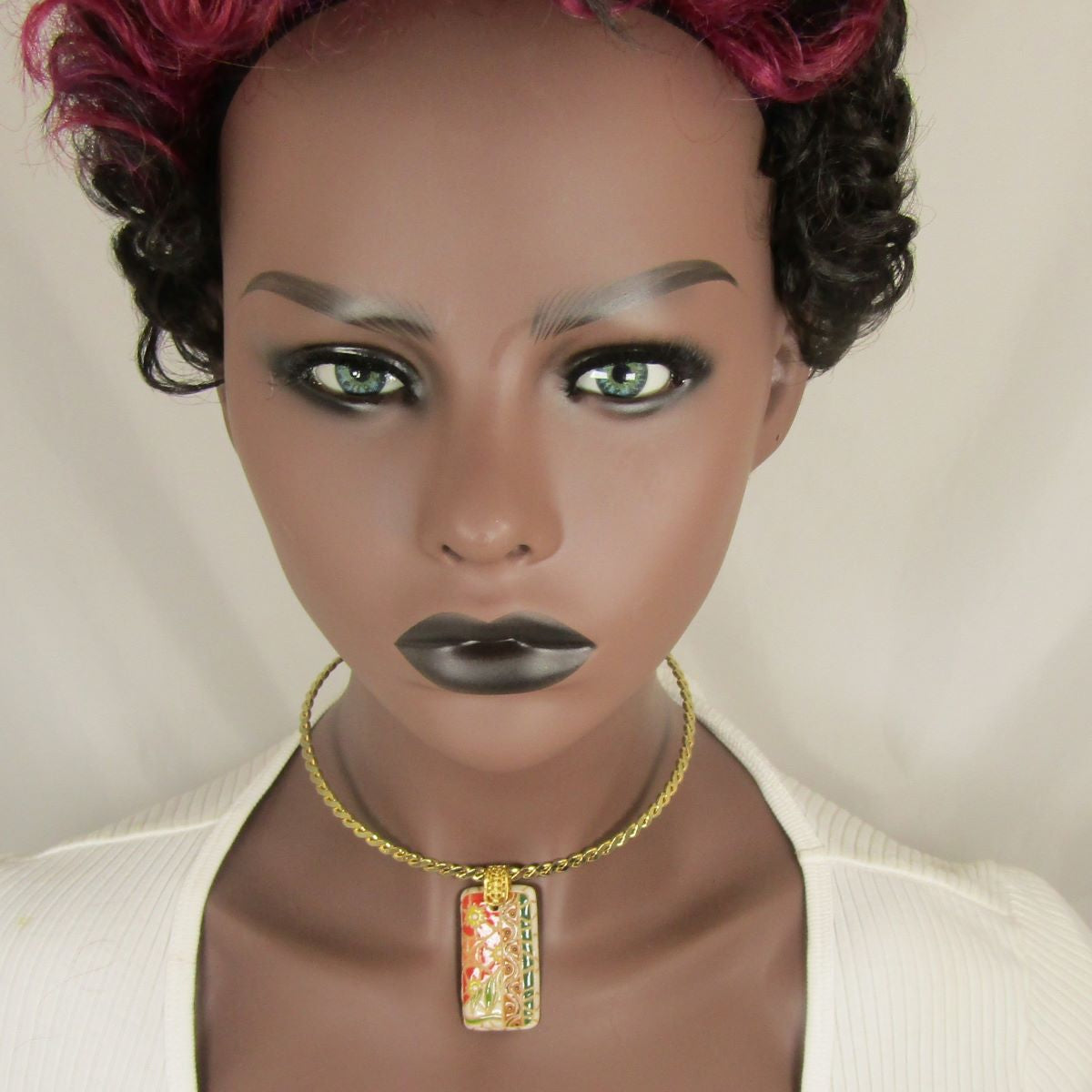 Red Hand Carved Terracotta Flower Pendant on Gold Choker - VP's Jewelry