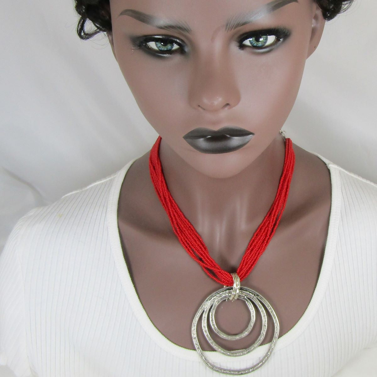 Red Bead Multi-strand Necklace with Hammered Antique Silver Pendant - VP's Jewelry