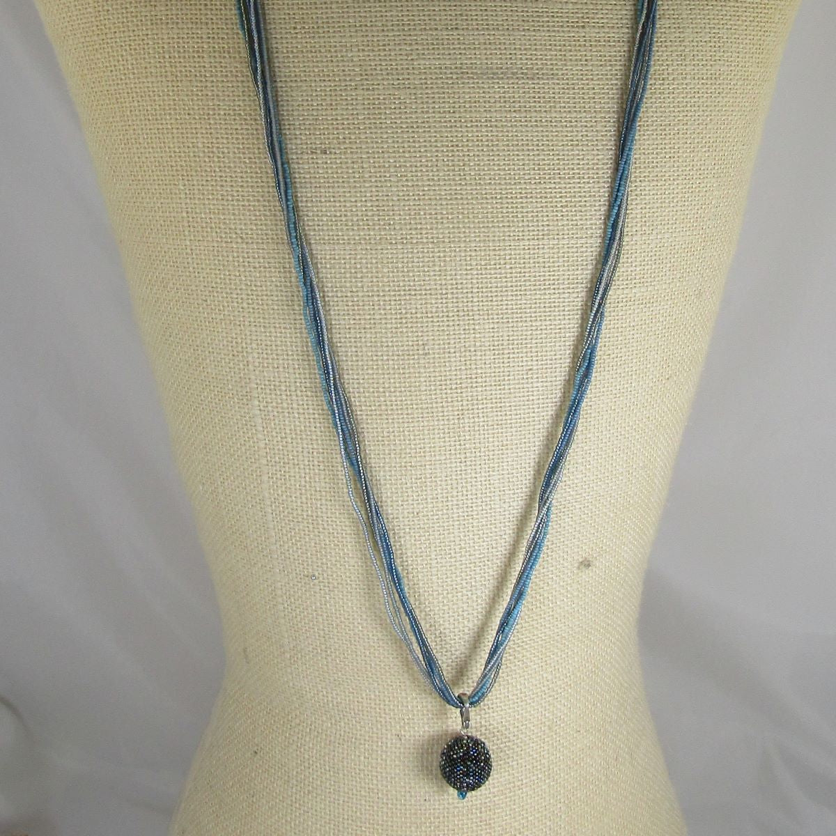 Blue Multi-strand Necklace with Shades of Blue Ball Pendant - VP's Jewelry