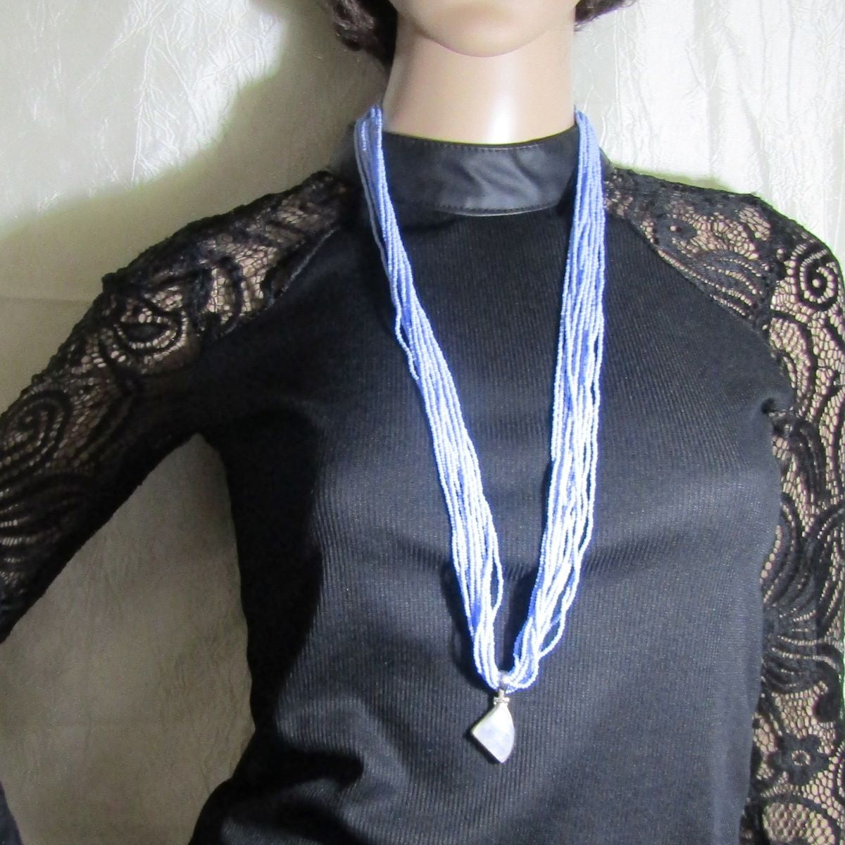 Rainbow Moonstone Pendant on Blue Multi-strand Necklace - VP's Jewelry