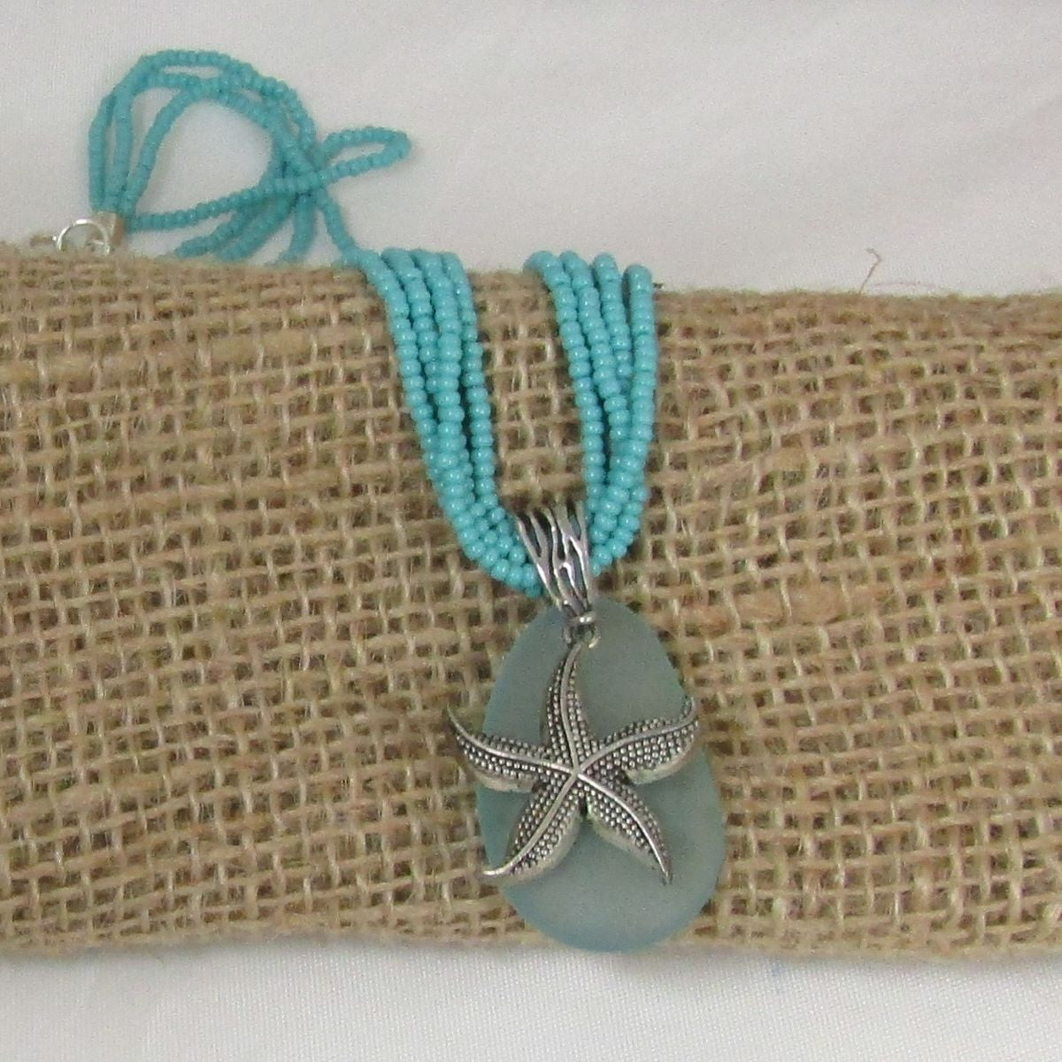 Aqua Sea Glass Pendant Multi-strand Necklace  Star fish 