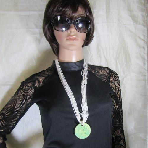 Pearl White Necklace with Claycult Tree of Life Green Pendant - VP's Jewelry