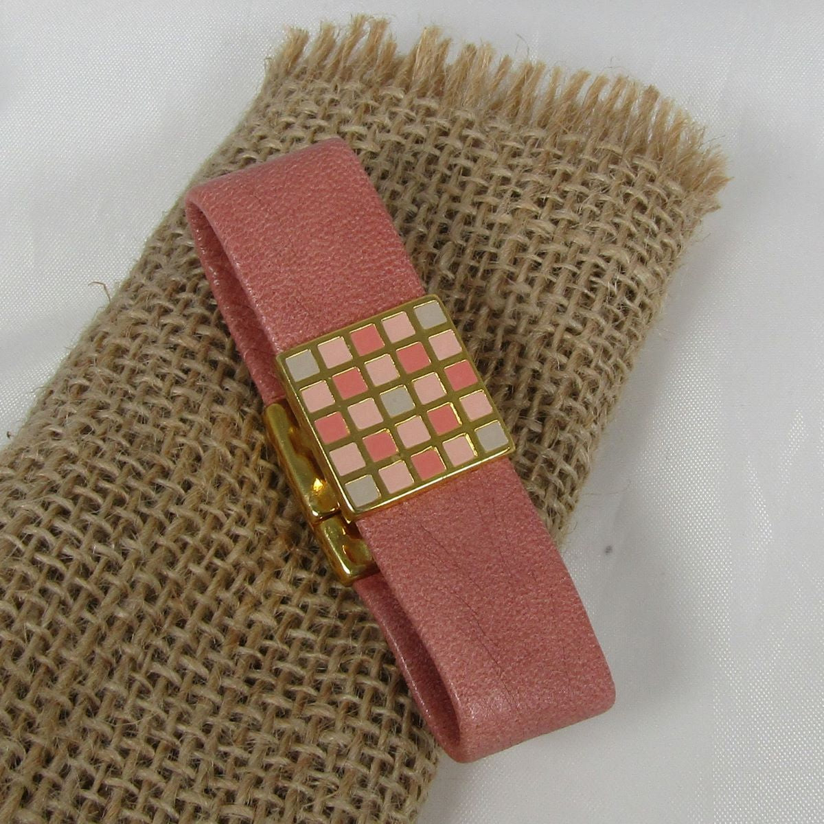 Gold or Salmon Leather Cuff Bracelet Gold Accents - VP's Jewelry