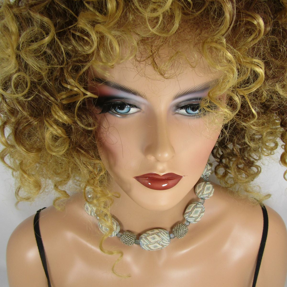 Exquisite Big Bold Chunky Bead Necklace in Cream Blue and Silver - VP's Jewelry