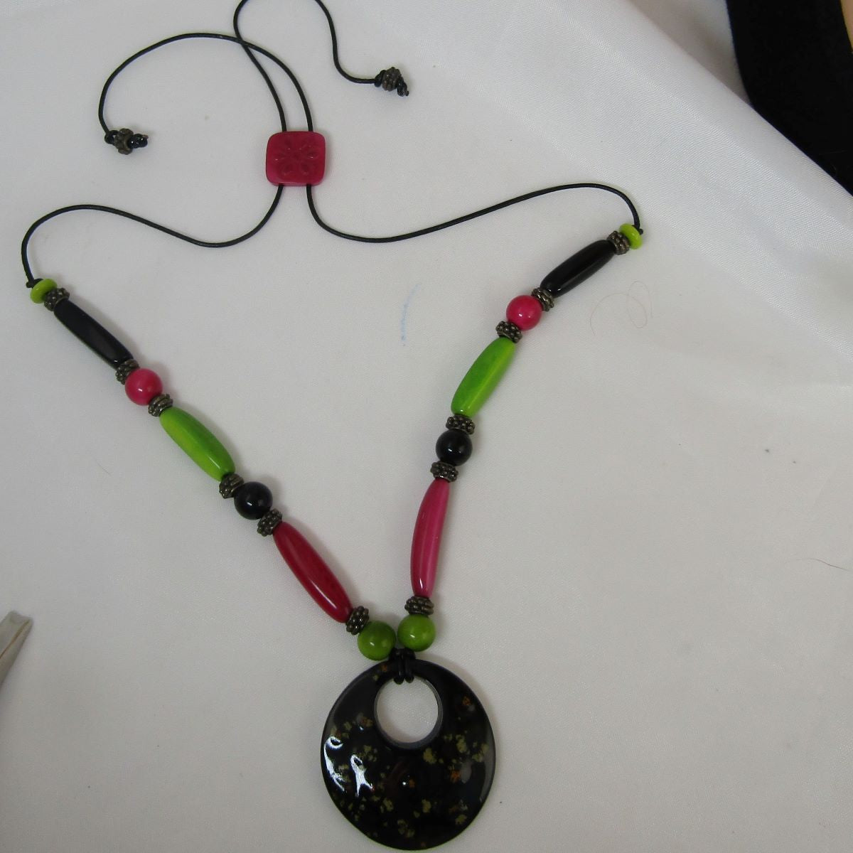 Eco-friendly Pendant Necklace Black Hot Pink and Apple Green - VP's Jewelry