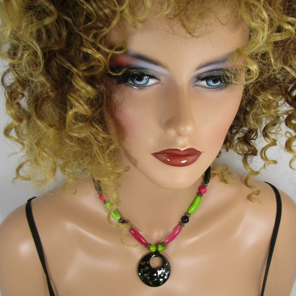 Eco-friendly Pendant Necklace Black Hot Pink and Apple Green - VP's Jewelry