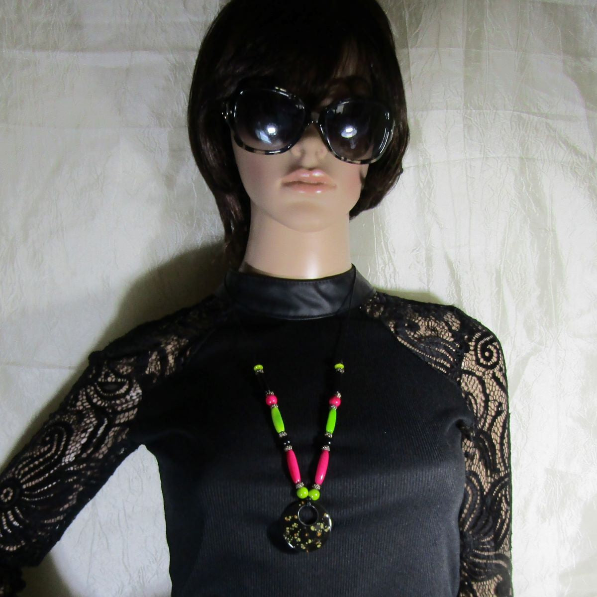 Eco-friendly Pendant Necklace Black Hot Pink and Apple Green - VP's Jewelry