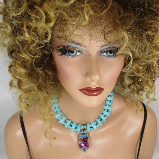 Turquoise Necklace with Handmade Dichroic Pendant. - VP's Jewelry