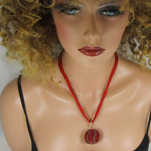 Red Twisted Seed Bead Necklace with Pendant