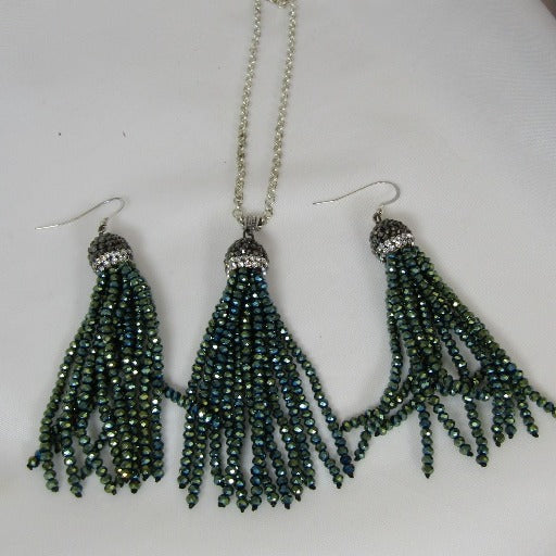 Green Crystal Tassel Pendant Necklace & Earrings - VP's Jewelry