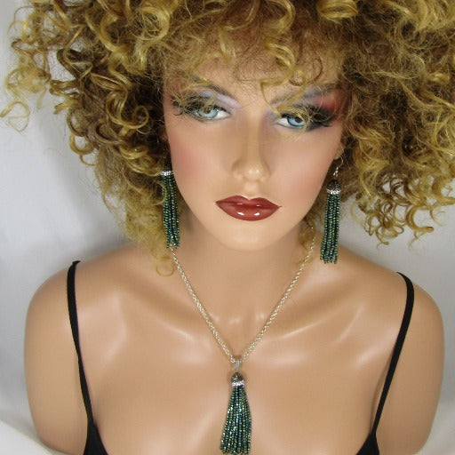 Green Crystal Tassel Pendant Necklace & Earrings - VP's Jewelry