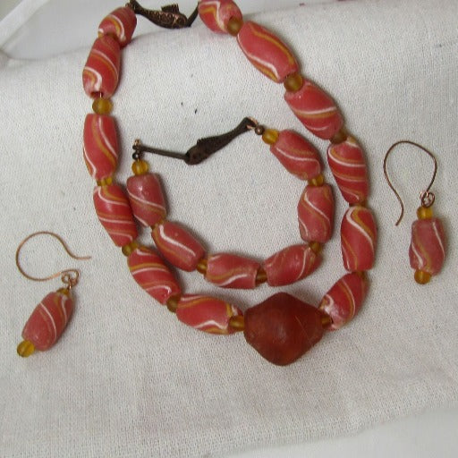 Orange Handmade West African Krobo Trade Bead Necklace Set - VP's Jewelry  