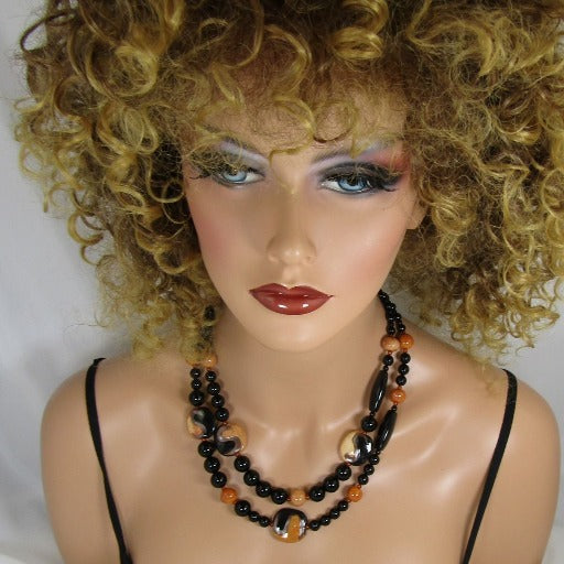 African Kazuri Necklace in Honey and Black Fair Trade Beads - VP's Jewelry 