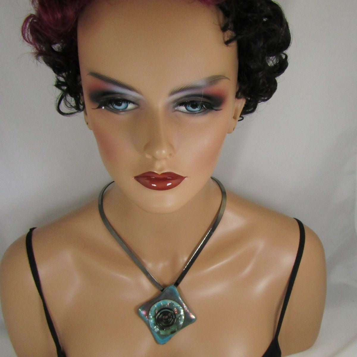 Gunmetal Choker with Handmade Aqua Wash Raku Glazed Pendant - VP's Jewelry