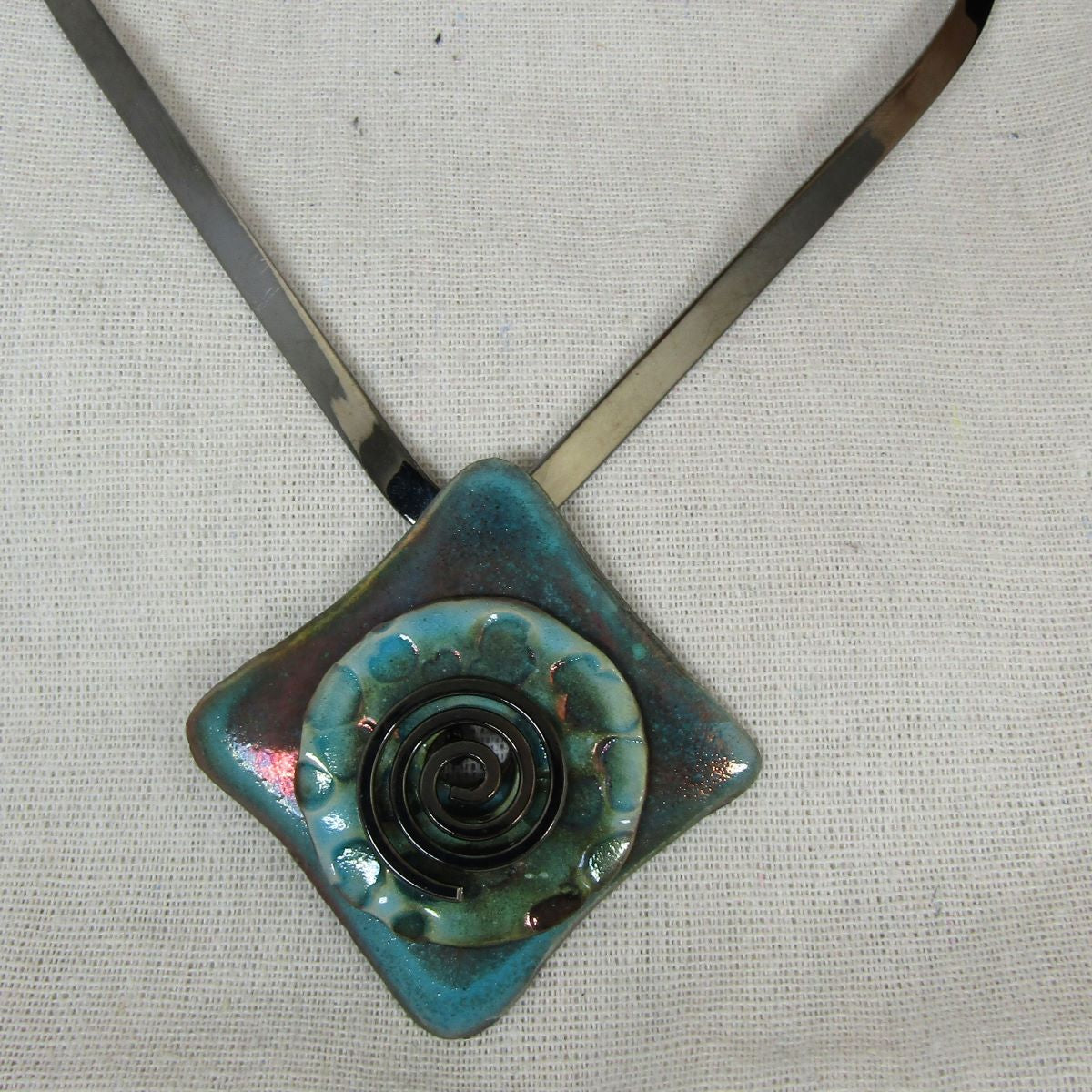 Gunmetal Choker with Handmade Aqua Wash Raku Glazed Pendant - VP's Jewelry
