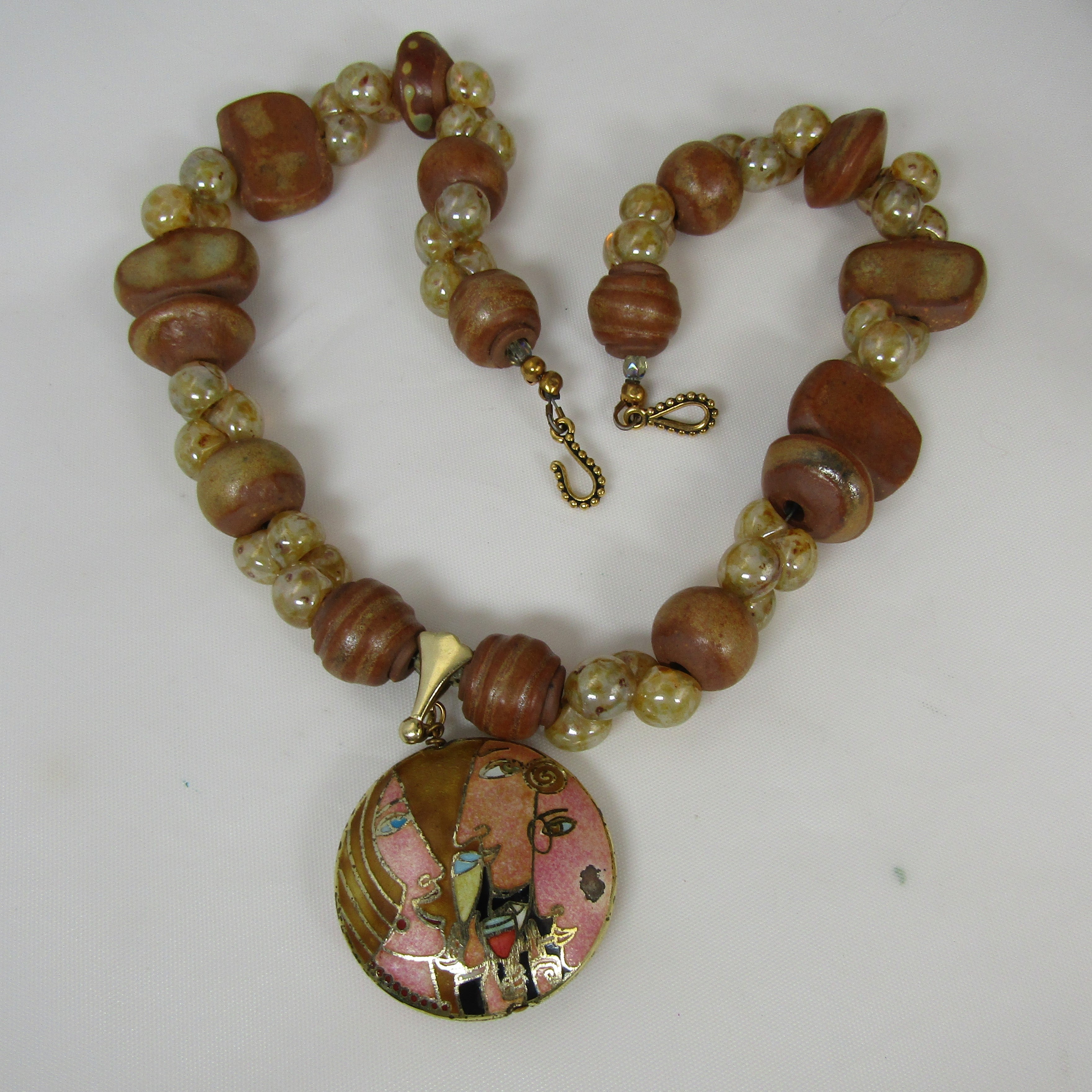 Beige Handmade Artisan Bead Necklace with Wine Motif Pendant - VP's Jewelry
