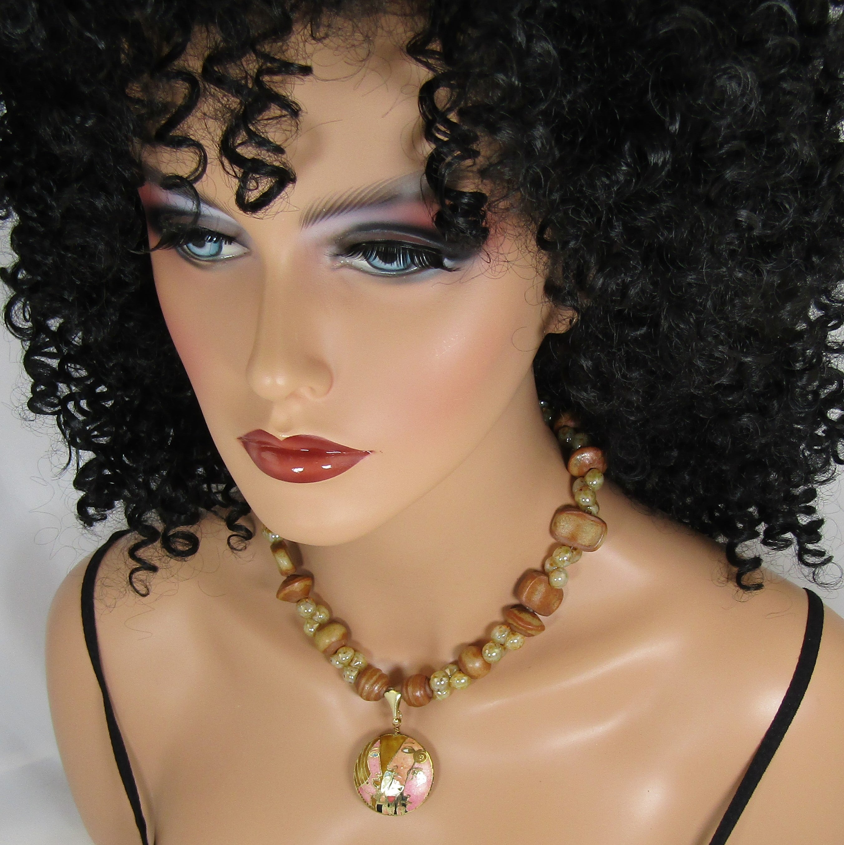 Beige Handmade Artisan Bead Necklace with Wine Motif Pendant - VP's Jewelry
