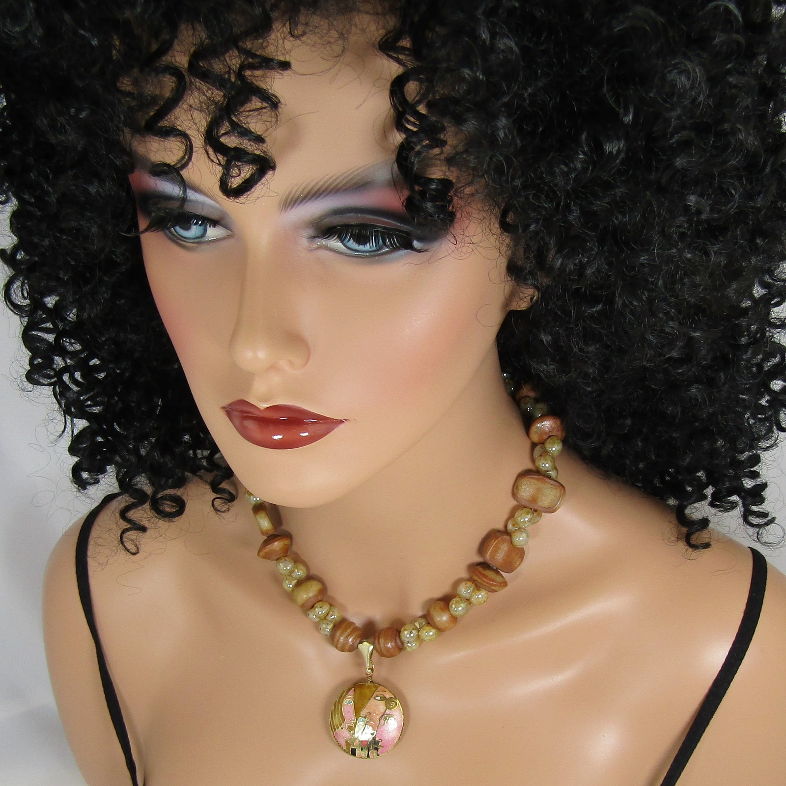 Beige Handmade Artisan Bead Necklace with Wine Motif Pendant - VP's Jewelry