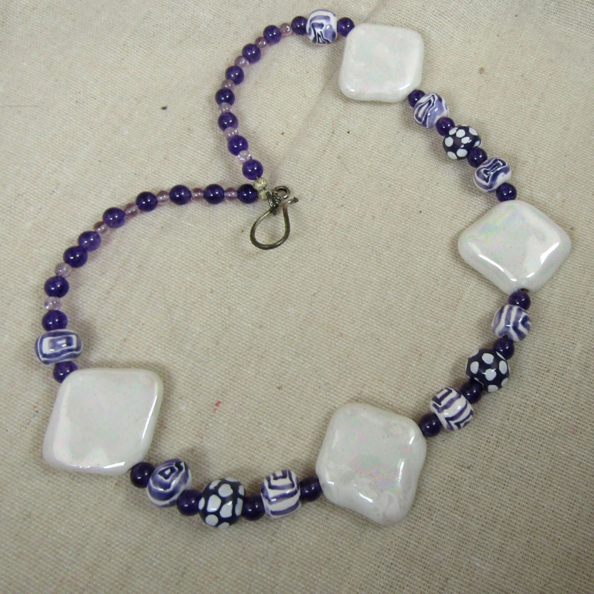 Big Bold Statement Kazuri Necklace White & Purple - VP's Jewelry  