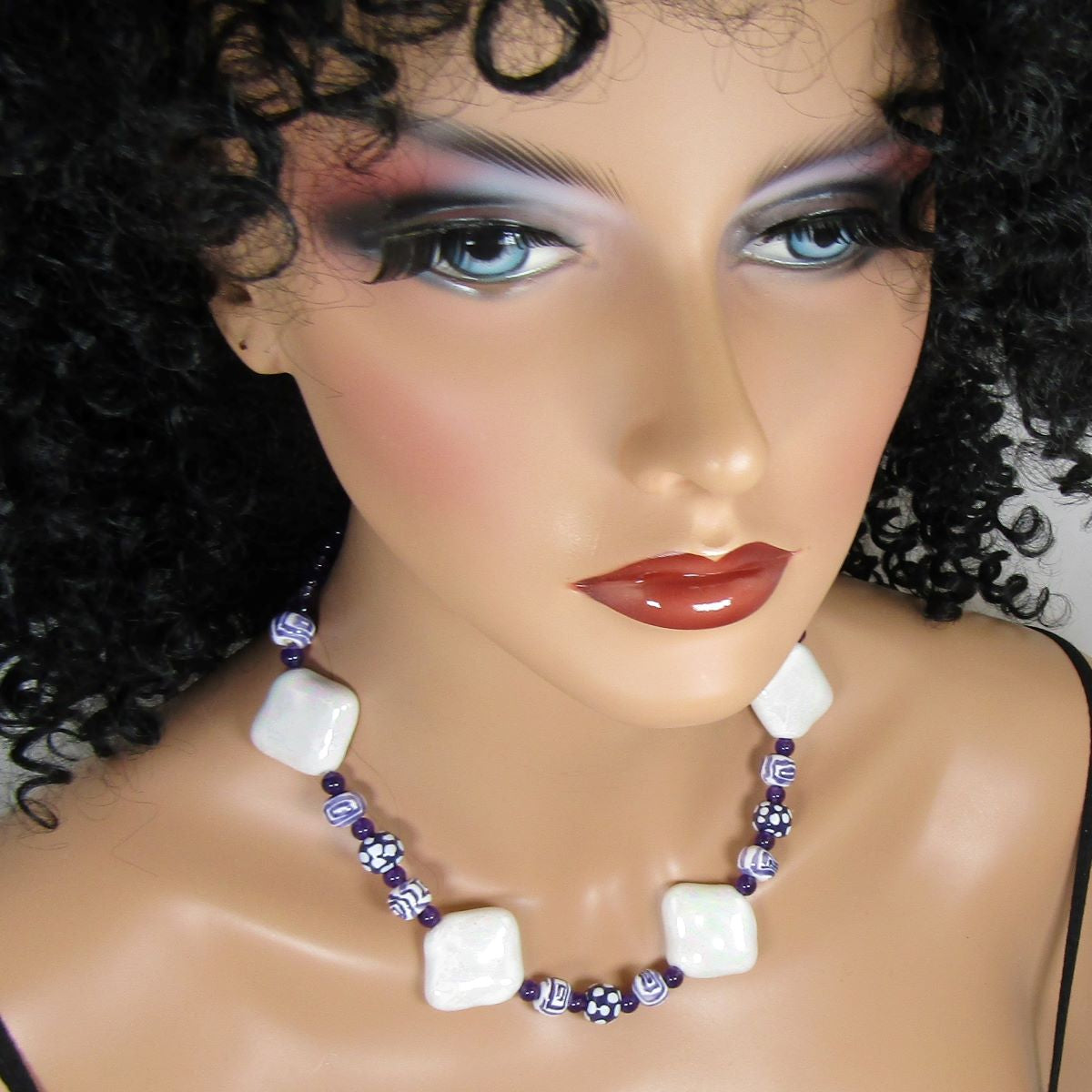 Big Bold Statement Kazuri Necklace White & Purple - VP's Jewelry  