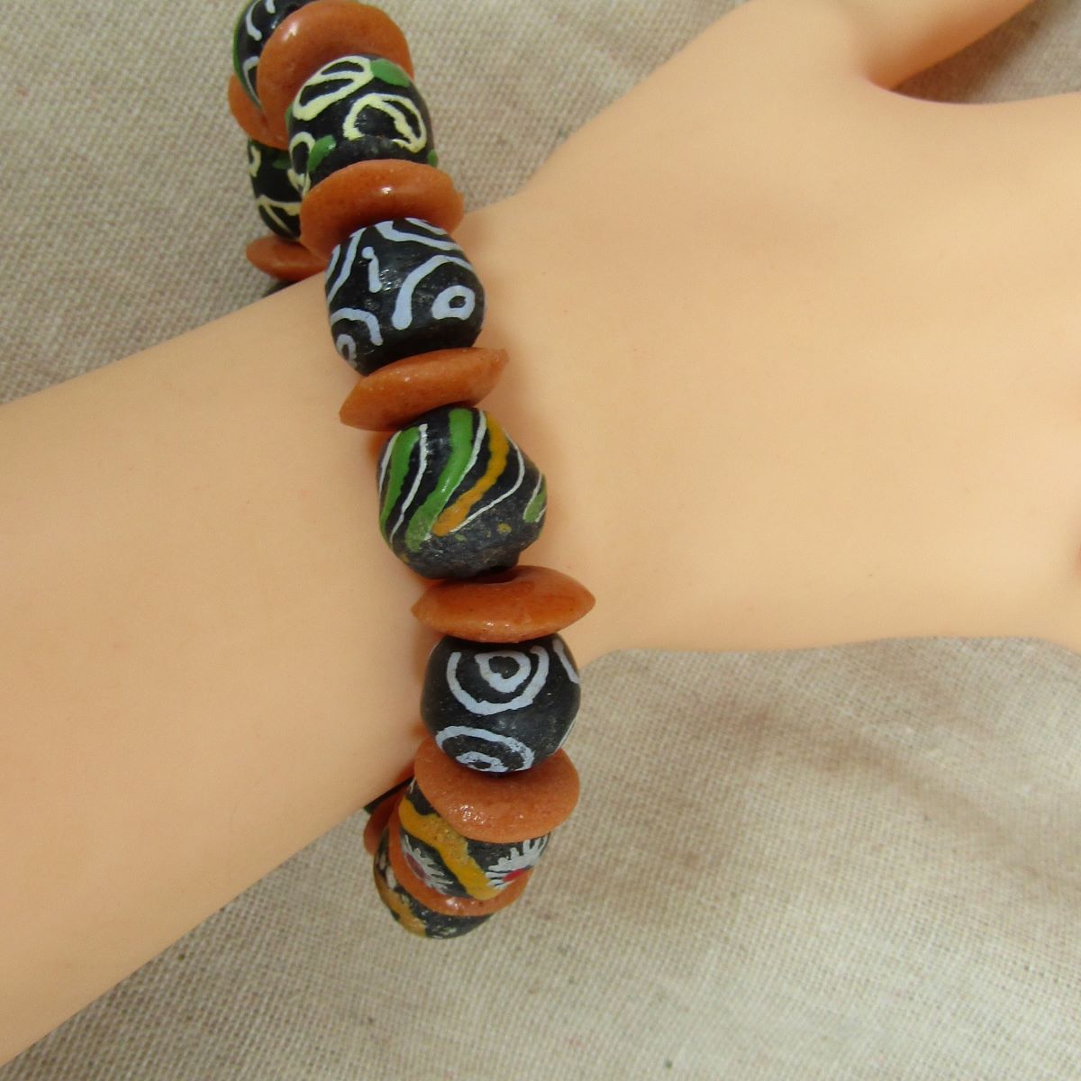 Black & Orange African Ghana Trade Bead Bracelet - VP's Jewelry
