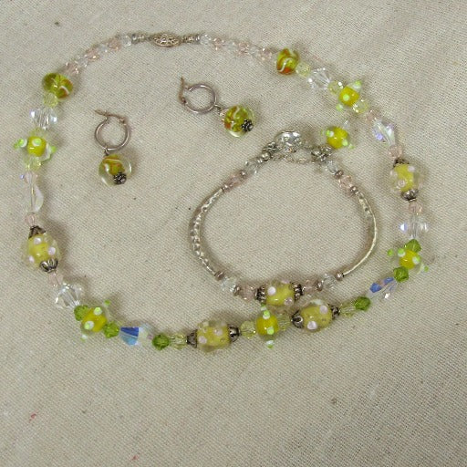 Handmade Yellow and Crystal Beaded Designer's Jewelry Set - VP's Jewelry  