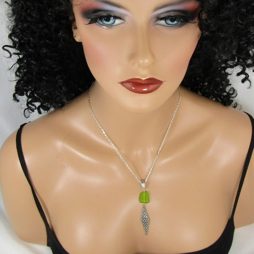 Olive Green Sea Glass & Silver Mesh Pendant Necklace - VP's Jewelry