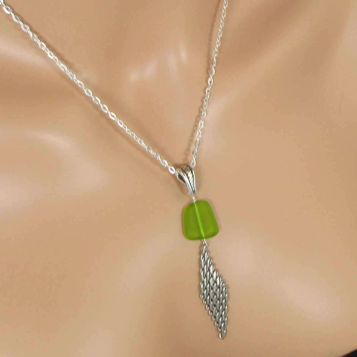 Olive Green Sea Glass & Silver Mesh Pendant Necklace - VP's Jewelry