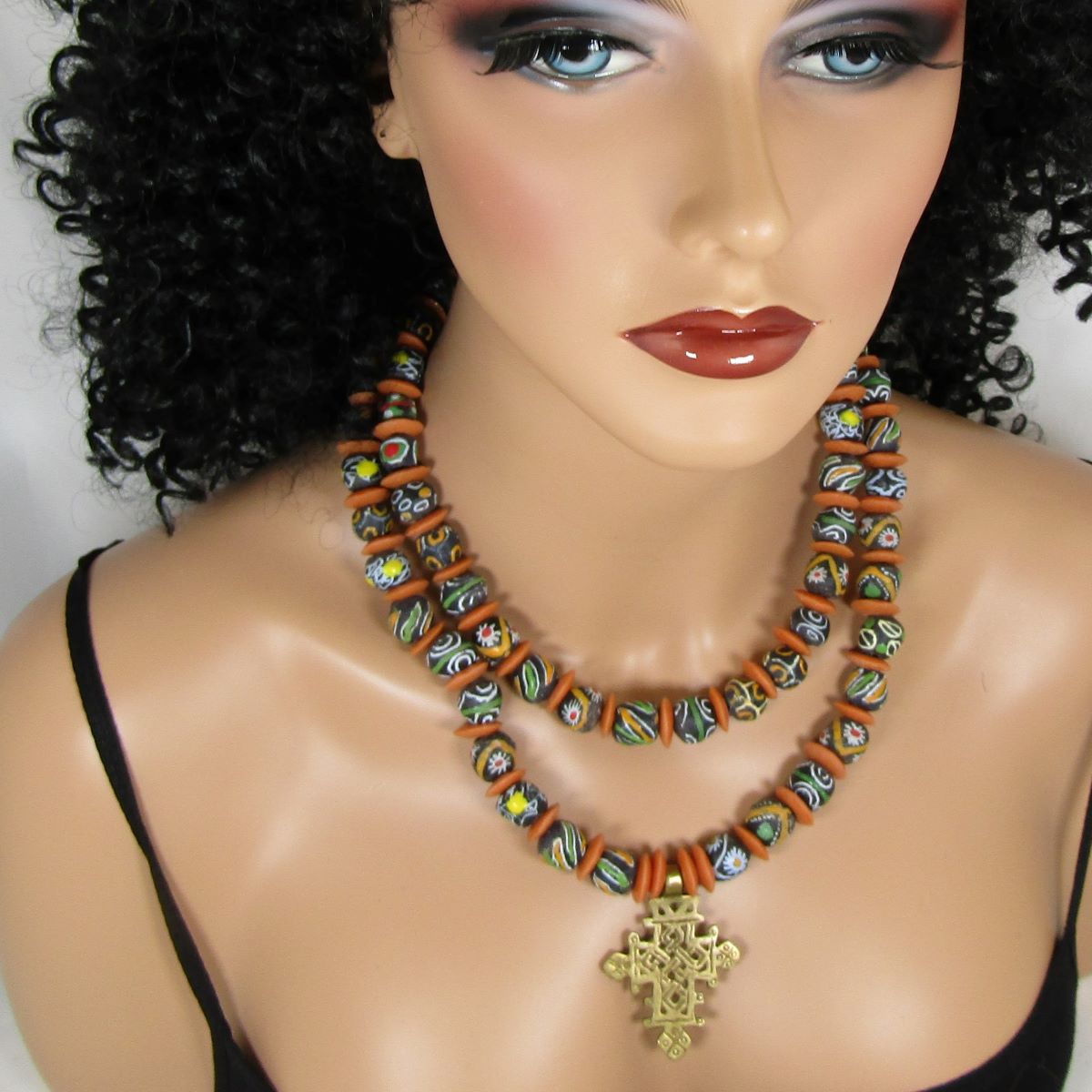 African Trade Bead Pendant Necklace Double Strand Beaded - VP's Jewelry