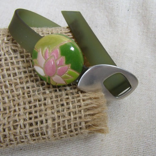 Green Jelly Band Buckle Bracelet Lotus Blossom Handmade Accent - VP's Jewelry
