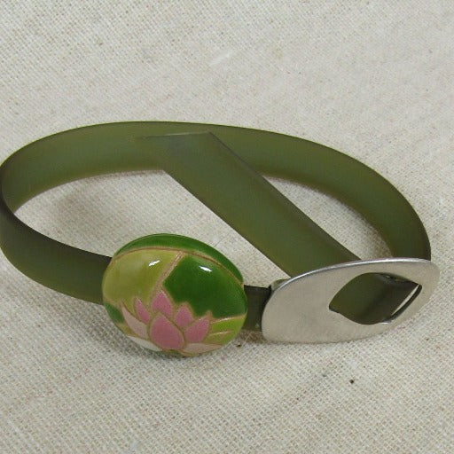 Green Jelly Band Buckle Bracelet Lotus Blossom Handmade Accent - VP's Jewelry