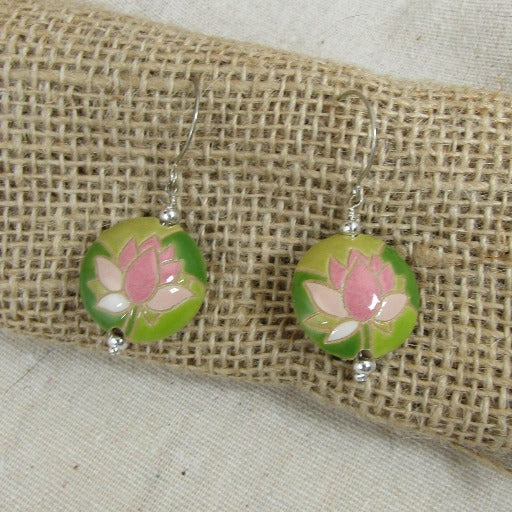 Handmade Pink & Green Lotus Blossom Flower Earrings - VP's Jewelry
