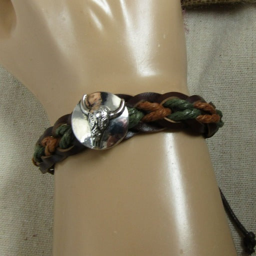 Brown & Green Leather Braided Bracelet Bull Head Accent Unisex - VP's Jewelry