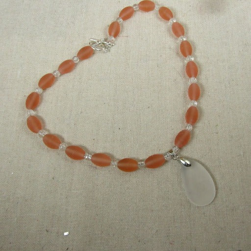 Peach & Clear Sea Glass Pendant Necklace - VP's Jewelry