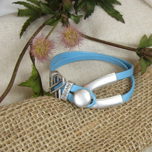 Men's Light Blue Awareness Leather Cord Bracelet Wishbone Design - VP's Jewelry