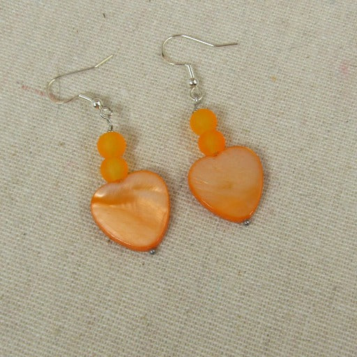 Orange Sea Glass Heart Earrings