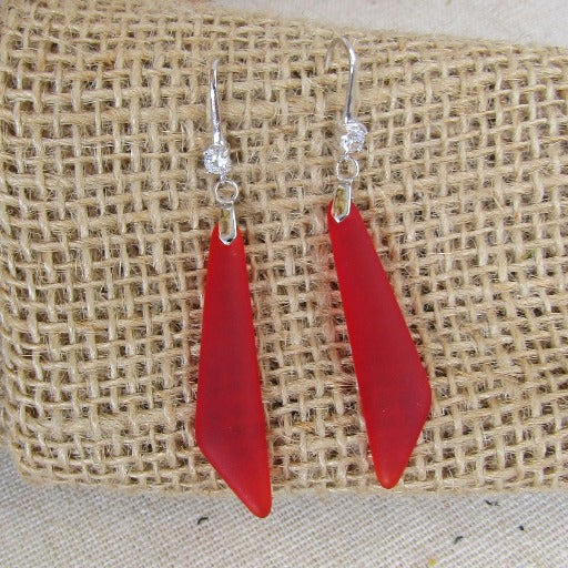 Red Sea Glass Bead Earrings with Crystal Accents