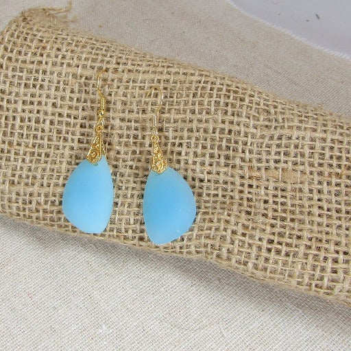 Aqua Sea Glass & Gold Earrings Ocean Jewelry - VP's Jewelry