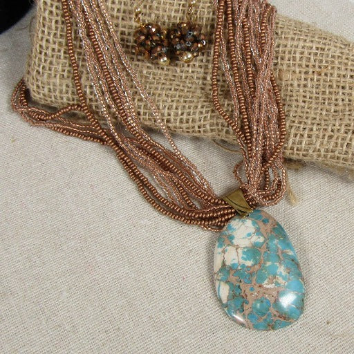 Jasper Multi-strand Pendant Necklace With Earrings - VP's Jewelry