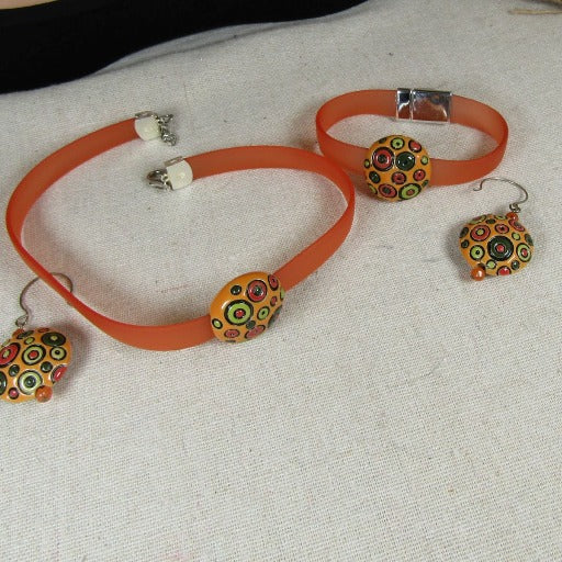 Orange Jelly Band Ribbon Choker & Bracelet Bubble Earrings Handmade - VP's Jewelry