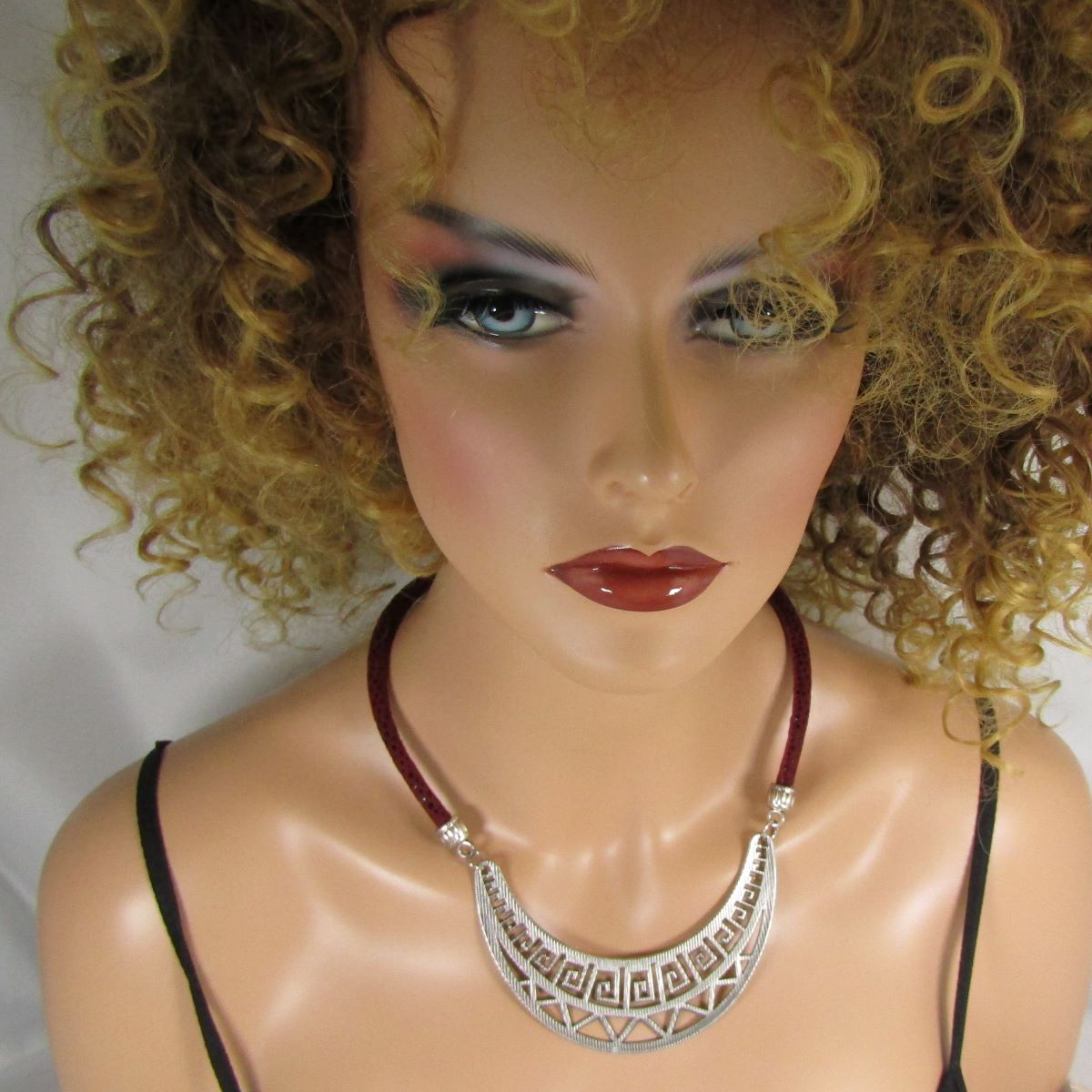 Affordable Tribal Necklace Silver Statement Sparkly Maroon Cord - VP's Jewelry  