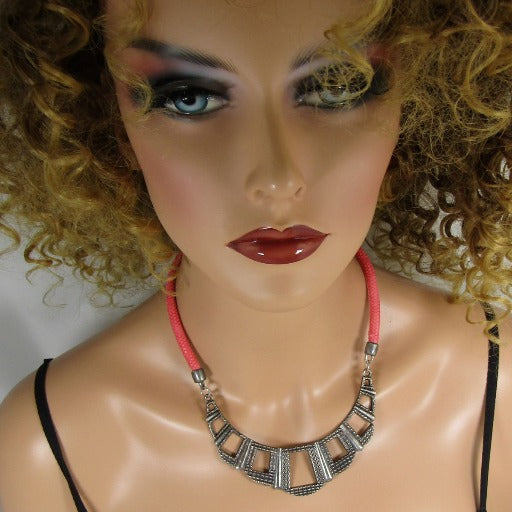 Affordable Tribal Bib Necklace with Pink Leather Cord - VP's Jewelry
