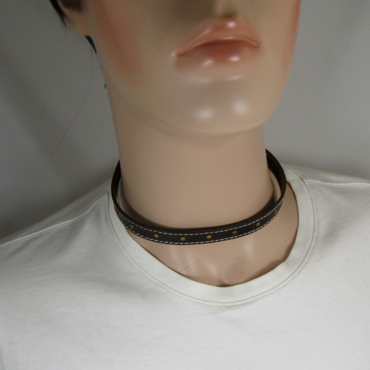 Brown Leather Choker Necklace Men's Single Rivets - VP's Jewelry