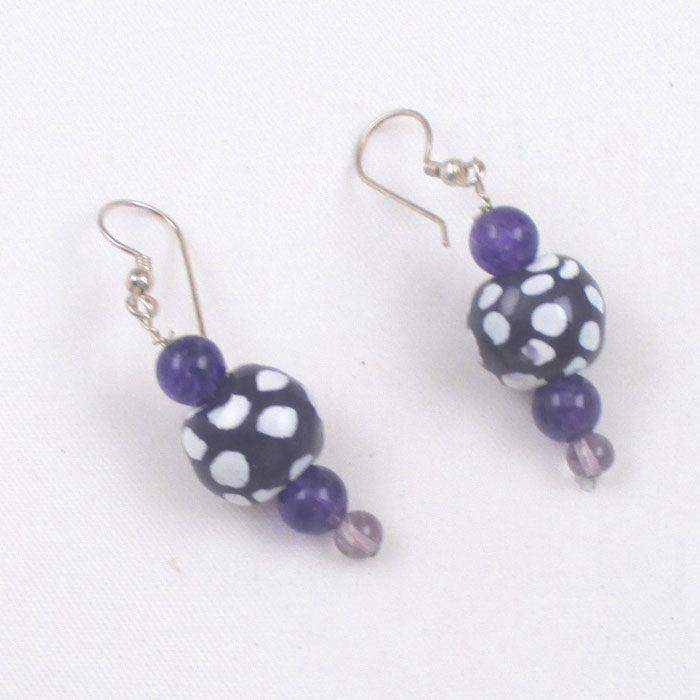 White & Purple African Kazuri Drop Earrings - VP's Jewelry  