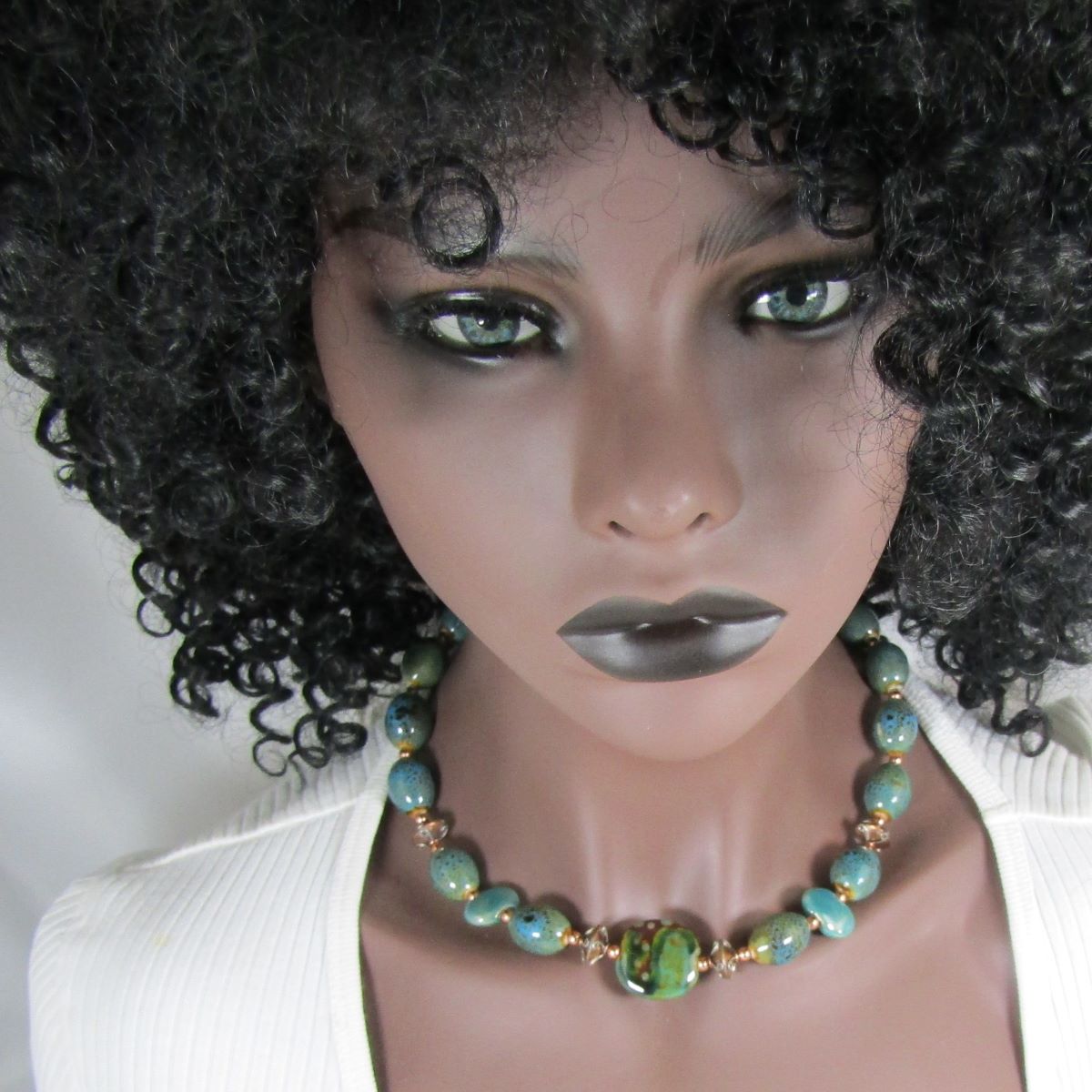 Turquoise Copper and African Kazuri Necklace & Earrings