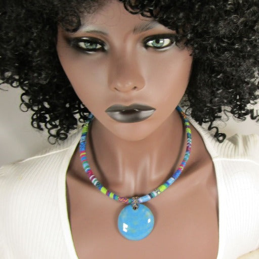 Handmade Blue and Green Kazuri Pendant Cotton Cord Necklace - VP's Jewelry