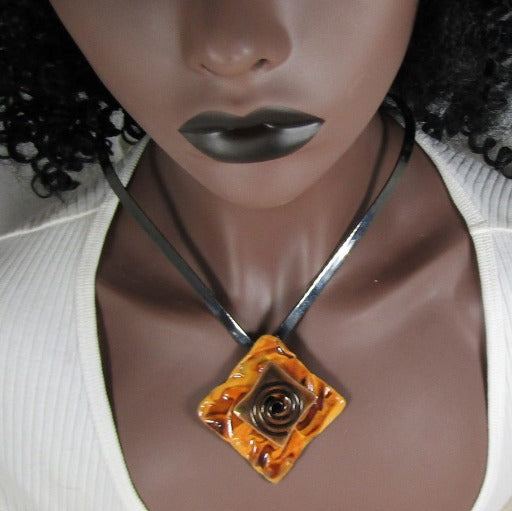 Gunmetal Choker with Handmade Orange Wash Raku Glazed Pendant - VP's Jewelry